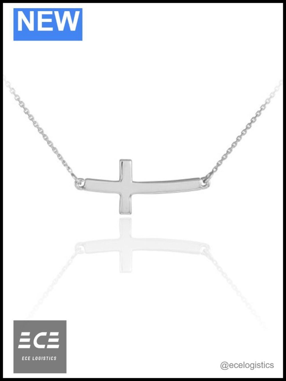 14K White Gold Sideways Curved Cross Necklace 18 Inch